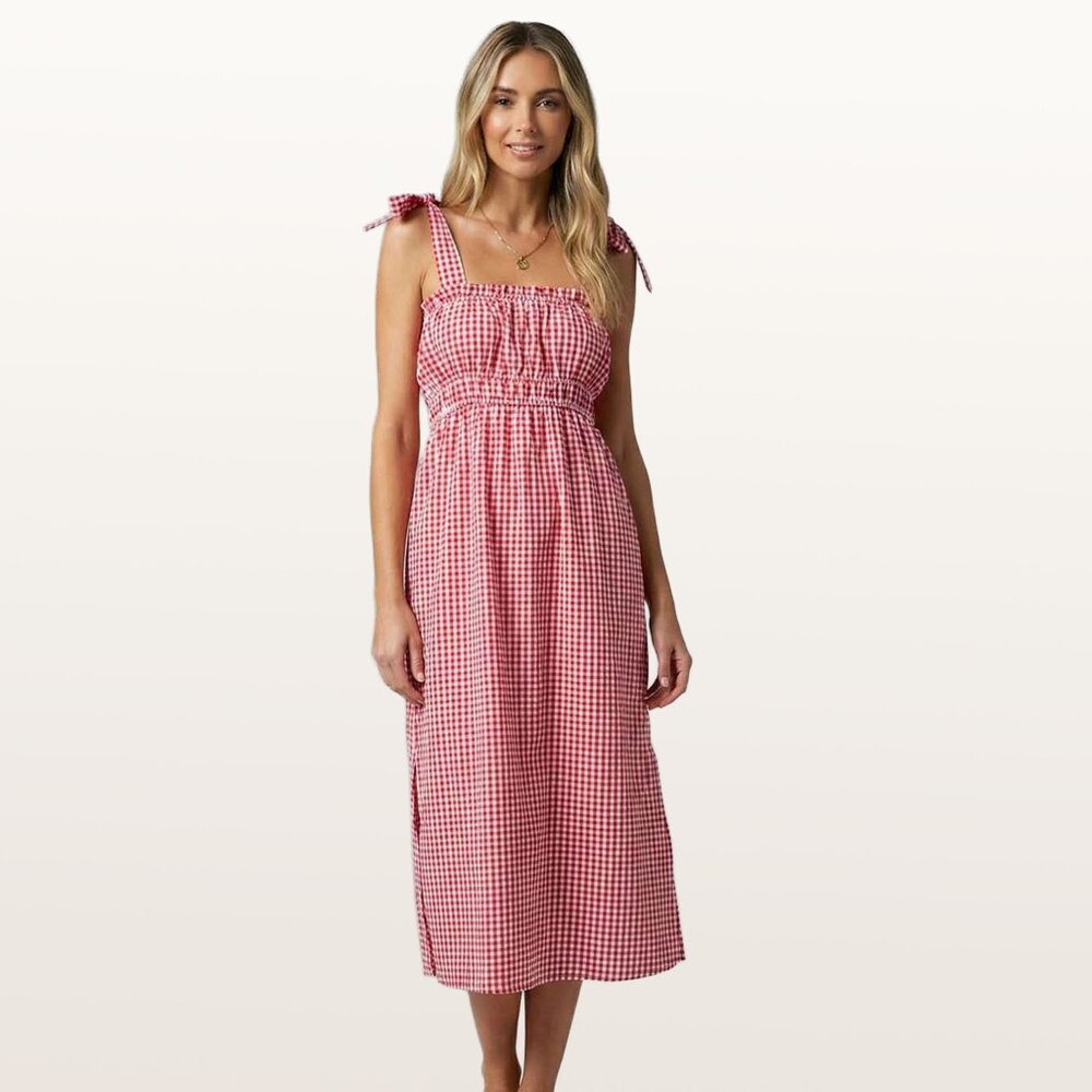 Red Gingham Midi Dress Tie Strap Summer Sundress